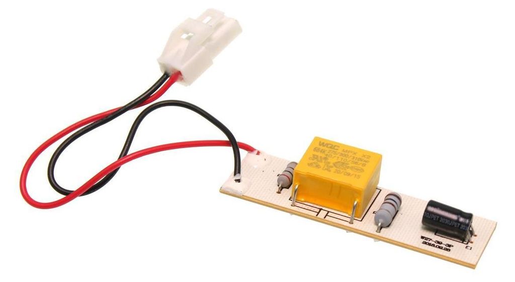 A circuit board with a white connector and red and black wires, attached to a white circuit board with electronic components.