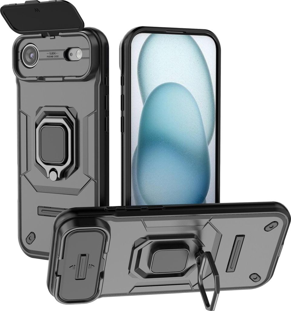 Hülle für iPhone Air Dual Layer Handyhülle Schiebe Kamera Schutz und Ringhalter Ständer Schwarz