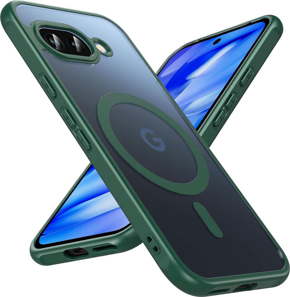 Two phone cases are shown diagonally, one on top of the other, against a white background. The top case is transparent with a green frame and a green magnetic ring with a 'G' logo inside. The bottom case is also transparent with a green frame and a dark gr