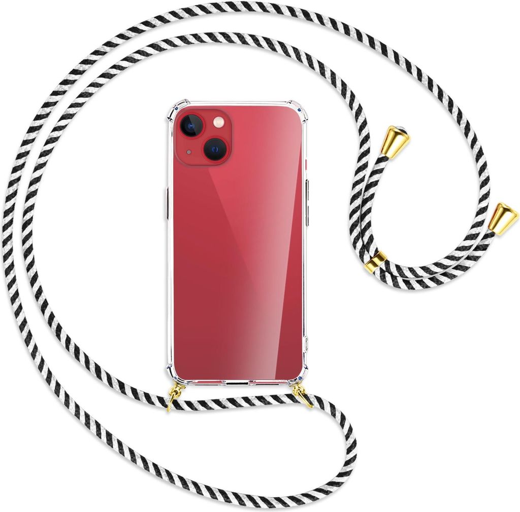Handykette Backcover-Schutzhülle mit Band (Metall goldfarben) für Apple iPhone 13 mini - schwarz/weiß gestreift