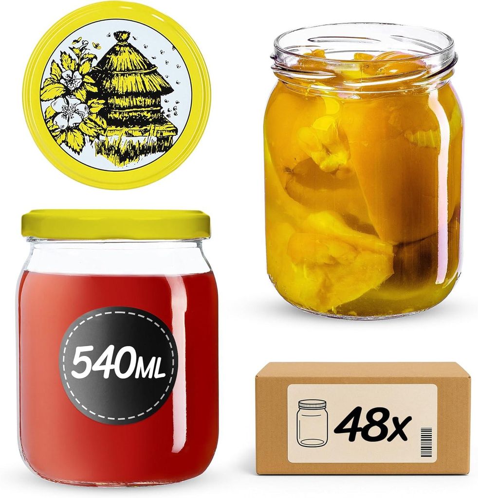 KADAX Einmachgläser mit Deckel "Senna", Marmeladengläser, Einweckgläser, 540 ml, Bienenstock, 48 Stück