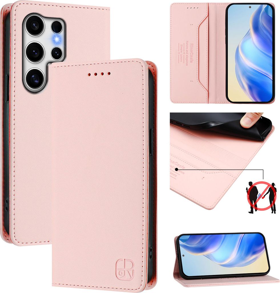 Lederhülle für Samsung Galaxy S25 Ultra Hülle Flip Brieftasche Kartenfächern Ständer Schutzhülle Pink