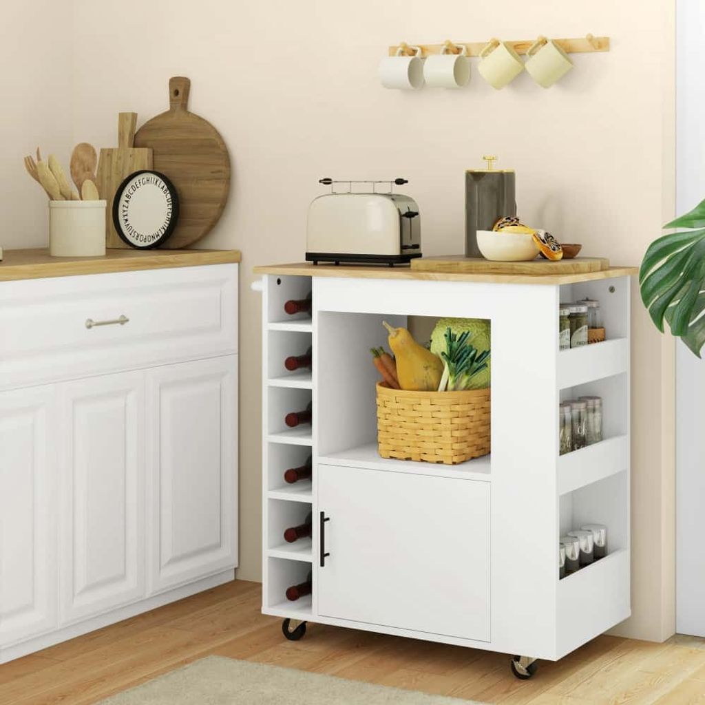 AIORBER Küchenwagen, mit Arbeitsplatte aus Kautschukholz, 3 Ablagen,Schrank,Griff & Rollen, Servierwagen,83 x 40 x 83 cm, für Küche & Esszimmer,...
