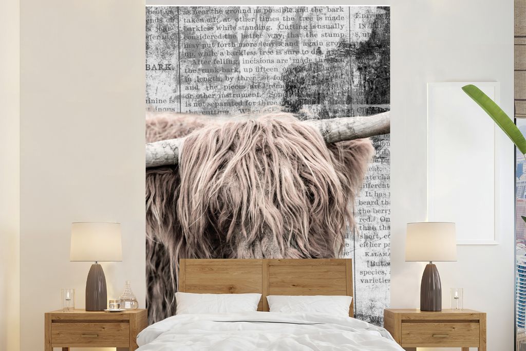 MuchoWow Fototapete für Wohnzimmer oder Schlafzimmer Wandtapete Vinyl Motivtapete Schottischer Highlander - Vintage - Zeitungsartikel - 225x350 ...