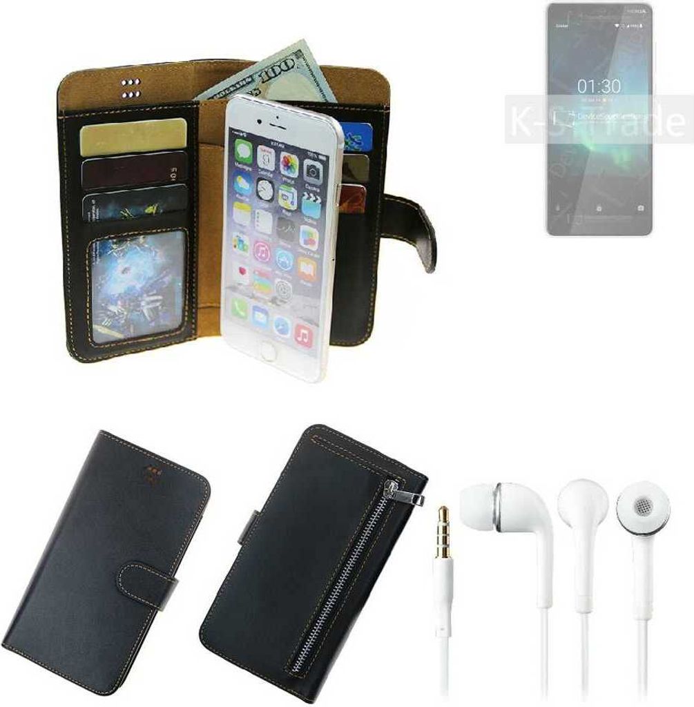 TOP SET Handy Hülle Schutz Hülle kompatibel mit Nokia 3.1 C schwarz aus Kunstleder + Kopfhörer Smartphone Tasche vollwertige Geldbörse