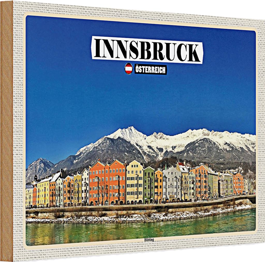 Holzschild Reise Innsbruck Österreich Hötting Berge 30x20cm