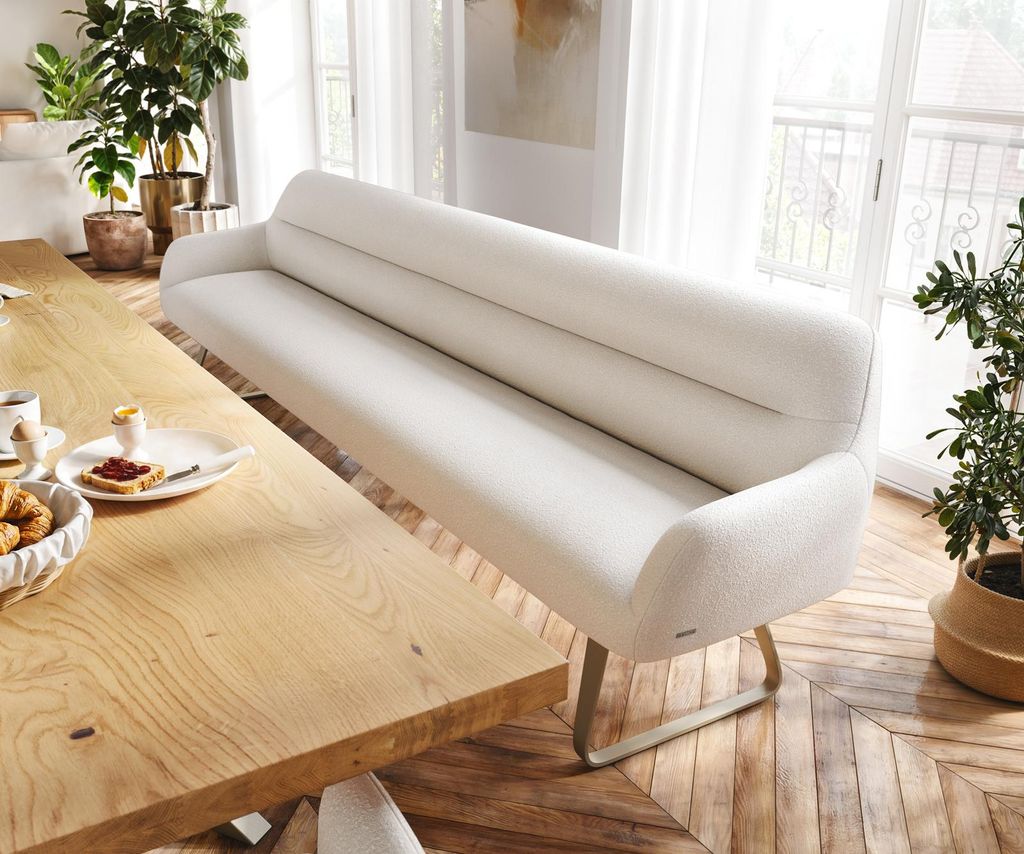 DELIFE Esszimmerbank Taya-Flex 300 cm Bouclé Creme-Weiß Kufengestell flach Effektfinish Titan Taschenfederkern