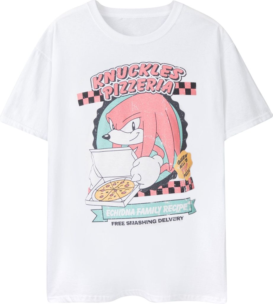 Sonic The Hedgehog - "Knuckles Pizzeria" T-Shirt für Herren kurzärmlig NS7506 (S) (Weiß)