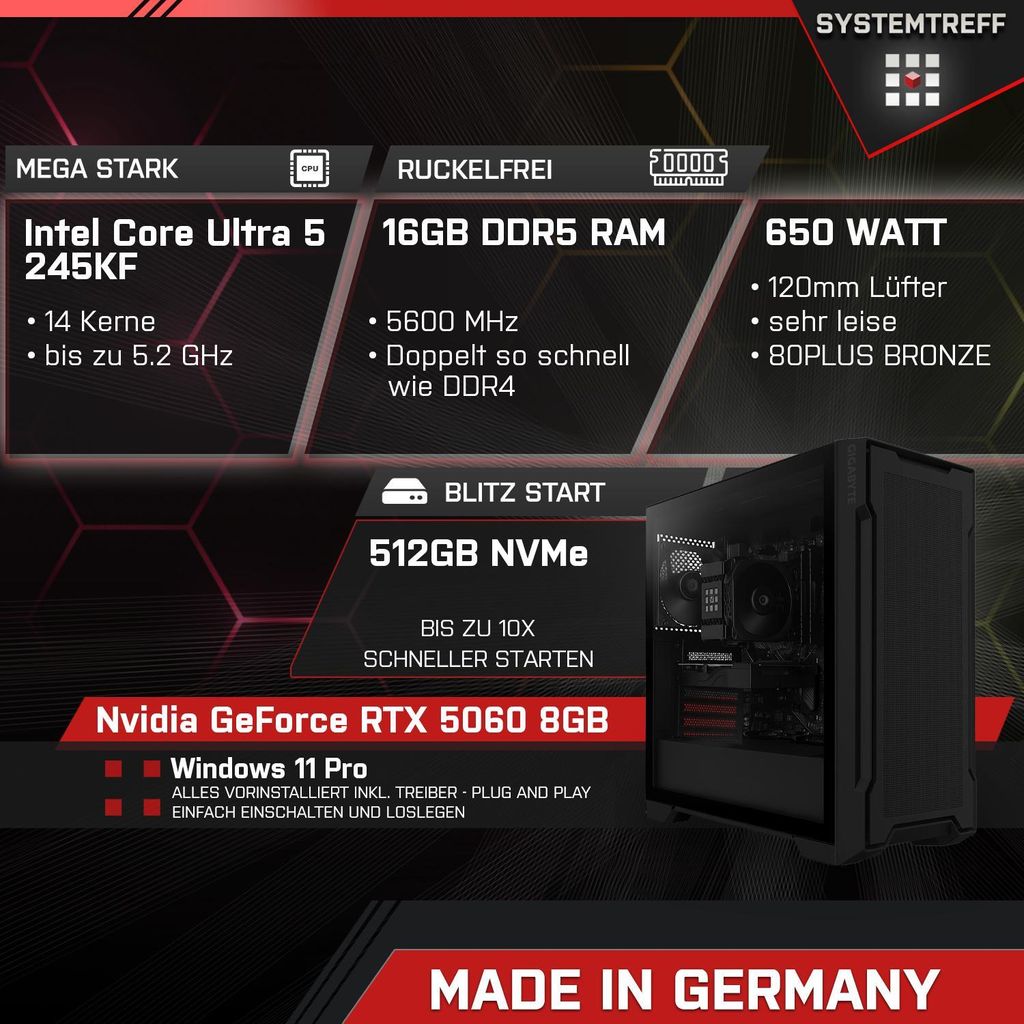 SYSTEMTREFF Mini PC - Core Ultra 5 245KF - Nvidia GeForce RTX 5060 8GB - 16GB DDR5 - 512GB NVMe - 24 Zoll Monitor - Windows 11 Pro - Desktop