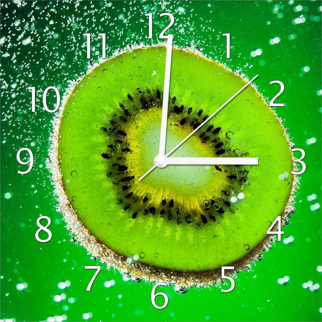 Wallario Design Wanduhr Grüne Kiwi-Scheibe im Wasser aus Echtglas, Größe 30 x 30 cm