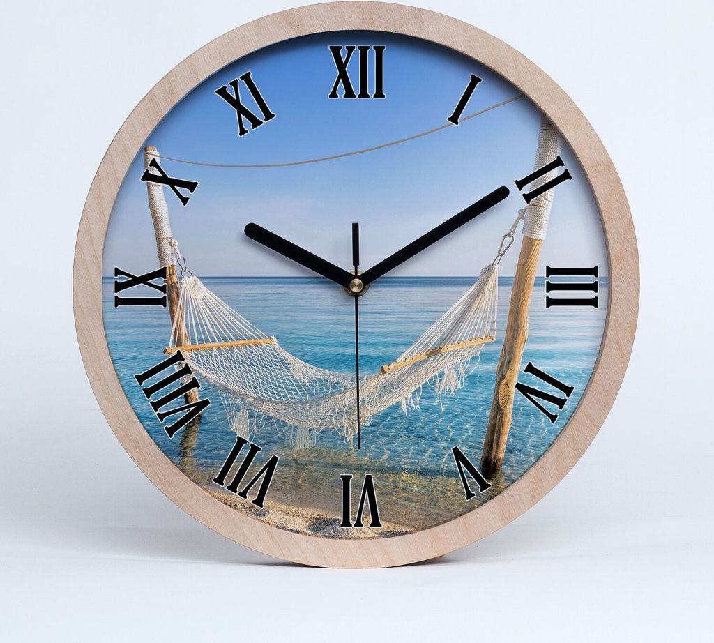 Holzuhr 30fi cm wanduhr - schwarze Spitzen - Hängematte am Meer