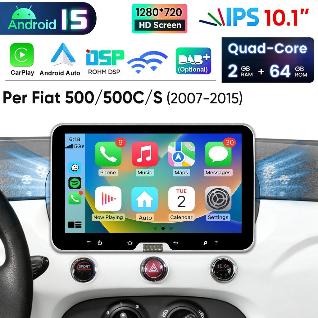 Carplay 10" Android 15 Autoradio per FIAT 500 2007-2015 GPS Immagine del prodotto 