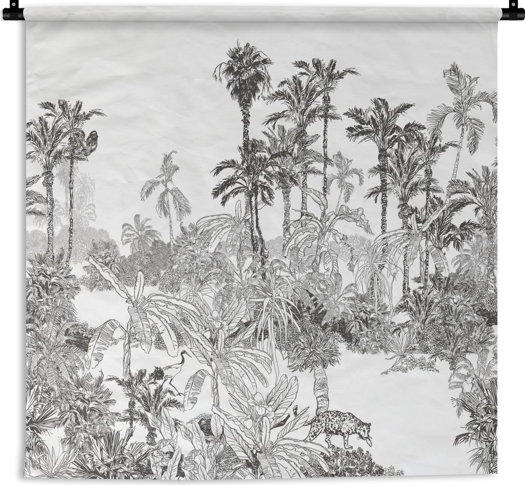 MuchoWow Wandteppich Wandbehang Dschungel - Schwarz - Weiß 150x150 cm Tapisserie Dekoration Wandtuch - Wohnaccessoires - Modernes