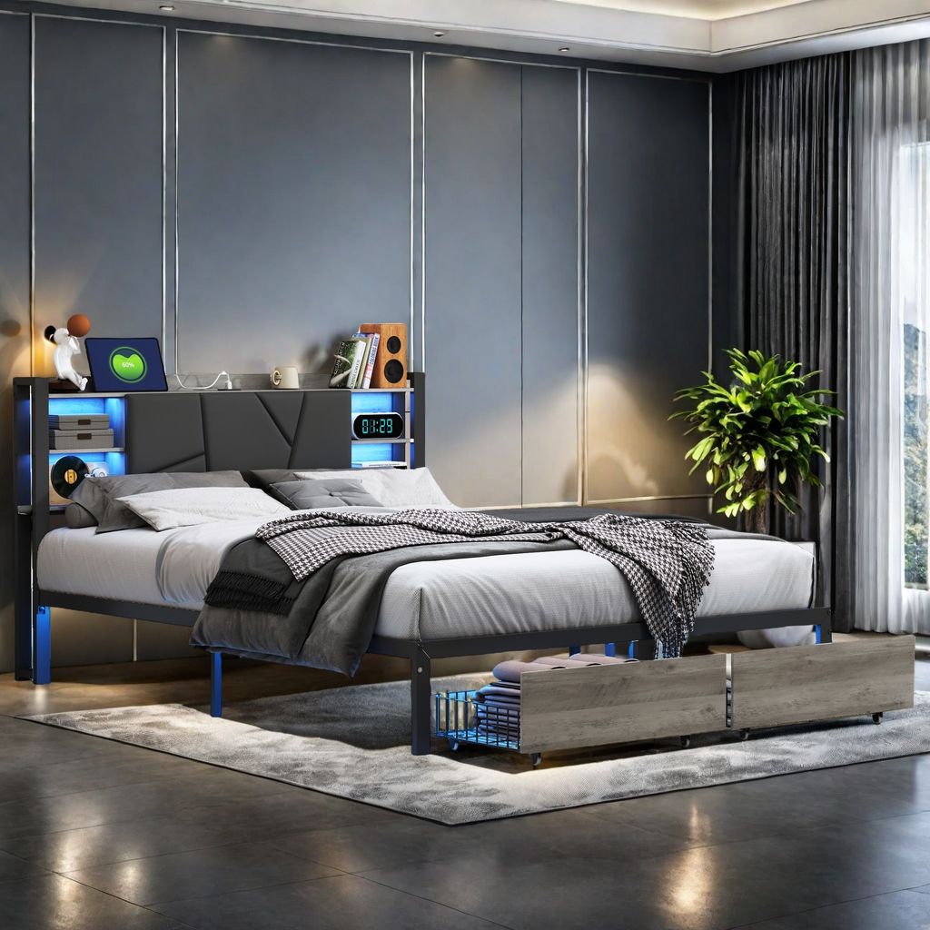UnboxG Čalouněná postel 160x200, LED dvoulůžko s funkcí Obrázek produktu 