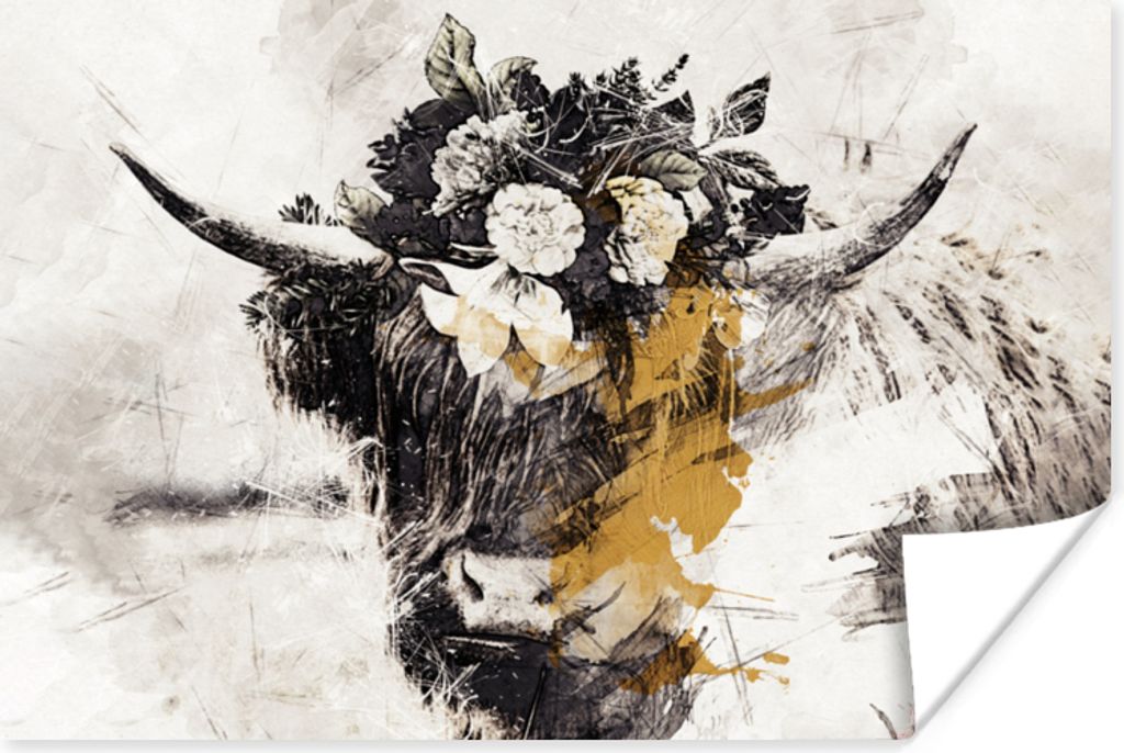 MuchoWow Poster Schottischer Highlander - Gold - Weiß - Farbe 90x60 cm - Schlafzimmer