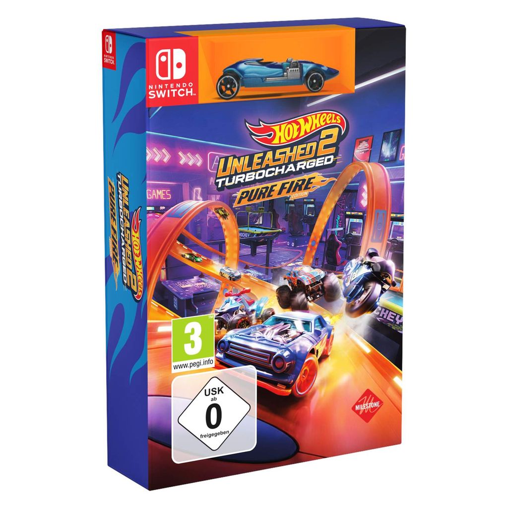 A box for a Nintendo Switch game, featuring racing cars and track elements.