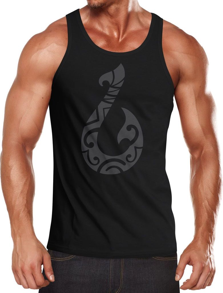 Herren Tanktop Print Aufdruck bedruckt Maui Magischer Fischerhaken Fish Hook Hawaii Muscle Shirt Achselshirt Moonworks schwarz M