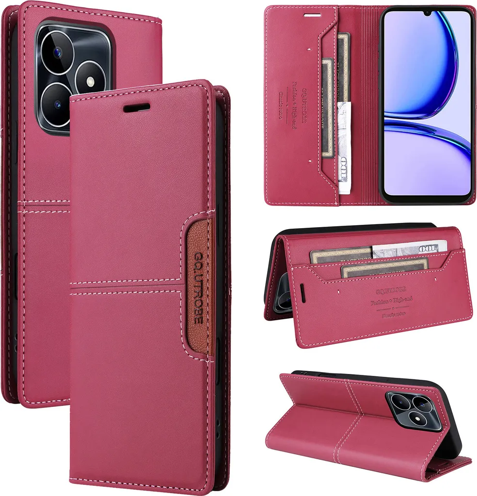 Custodia per Realme C53 4G, custodia in pelle flip wallet con slot per carte e supporto Rosso