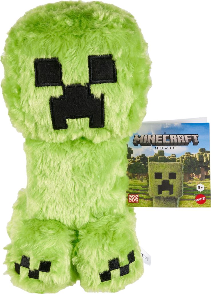 A plush toy of a Minecraft Creeper character is shown against a white background, with a small informational card next to it.
