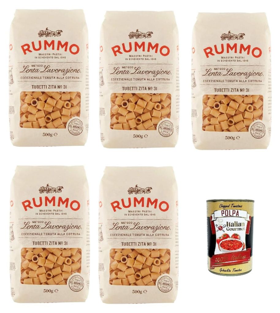 Rummo Tubetti zita n° 31 Pasta Lenta Lavorazione Teigwaren aus Hartweizengrieß Bronze-Zeichnung 5x 500g + Italian Gourmet polpa 400g