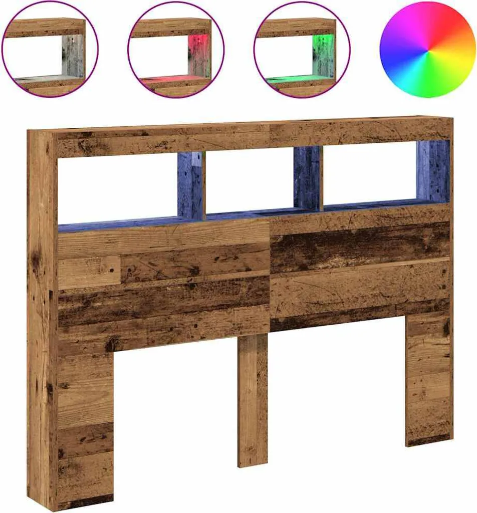 Testata Letto 140x102 cm Legno Antico con LED e Ripiani - Offerta Online