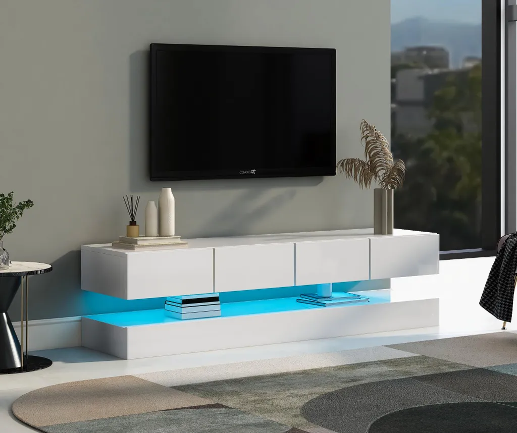 Support TV suspendu blanc avec éclairage LED et 4 grands tiroirs - 7