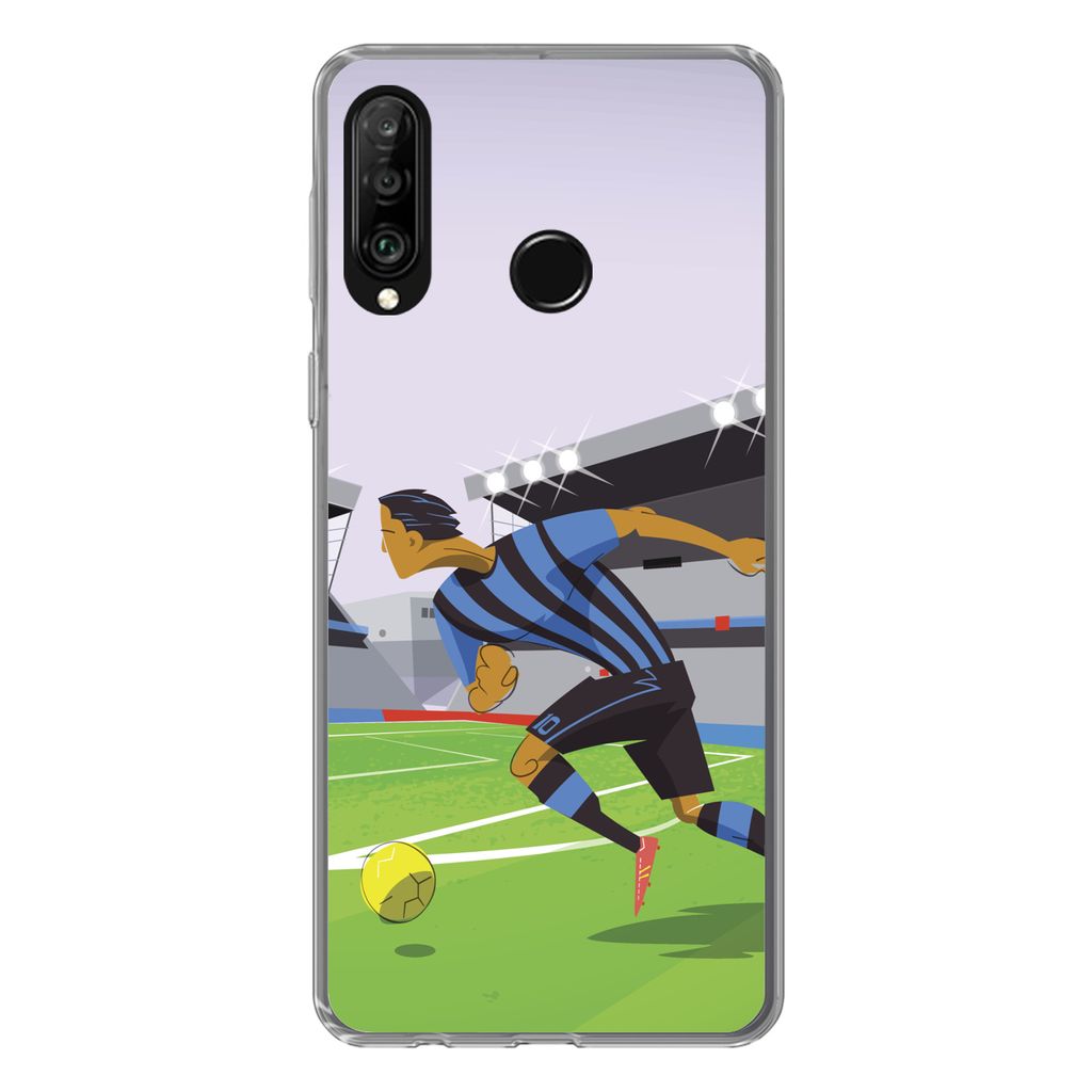 MuchoWow Handyhülle Schutzhülle Hülle für Huawei P30 Lite Eine Illustration von Spielern, die in einem Stadion Fußball spielen - Junge - Mä...