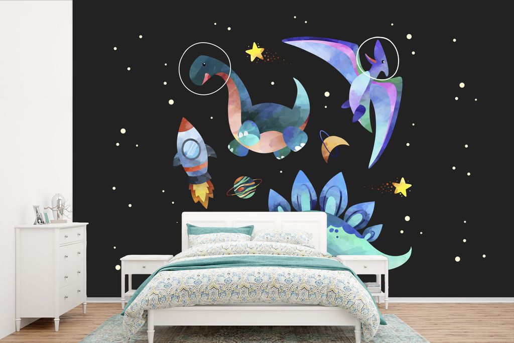 MuchoWow Fototapete für Wohnzimmer oder Schlafzimmer Wandtapete Vinyl Motivtapete Sterne - Dinosaurier - Junge - Kinder - Kinder - 525x350 cm - ...