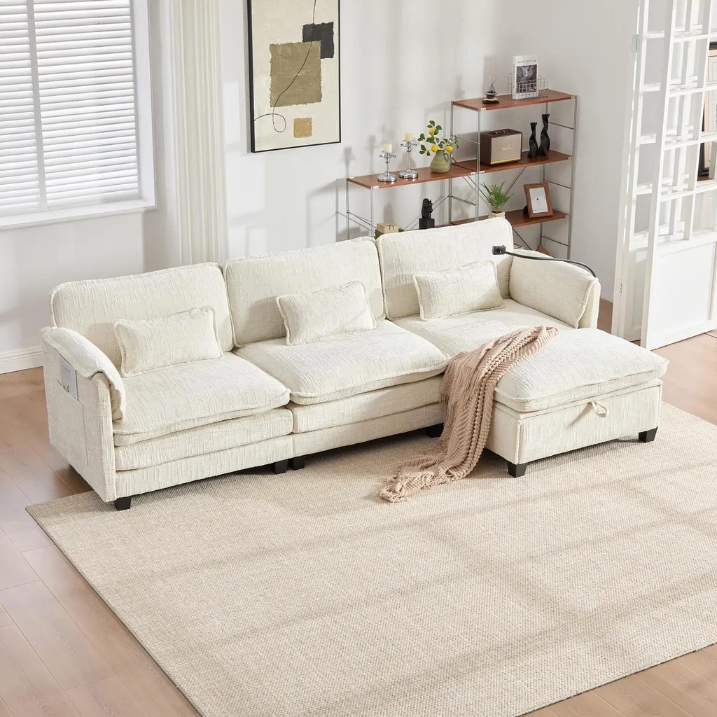 Sweiko Canapé 2 Places en Chenille Beige avec Port USB et Support Mobile