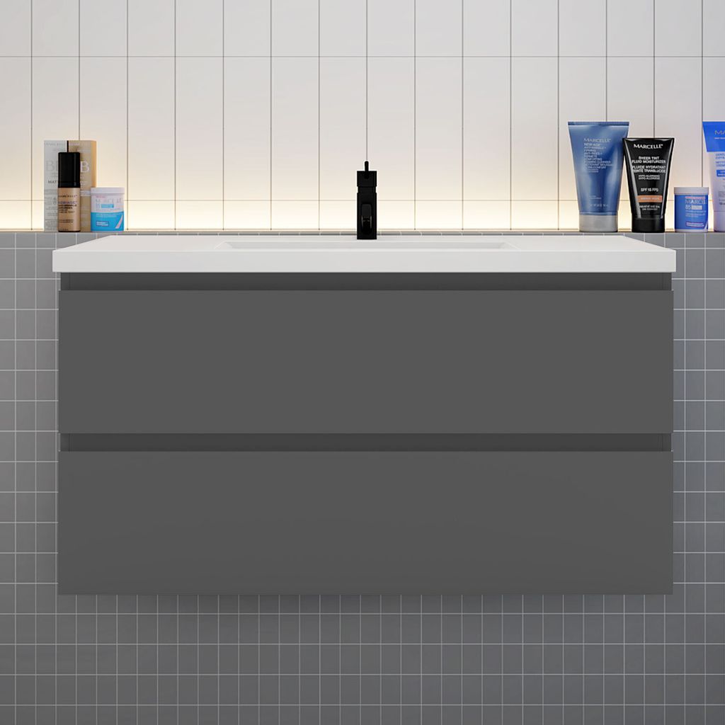 Badezimmermöbel 100cm CINIC-Serie Mineralguss Waschtisch mit Unterschrank Hängeschrank Badezimmerschränke mit 2 Schubladen Anthrazit