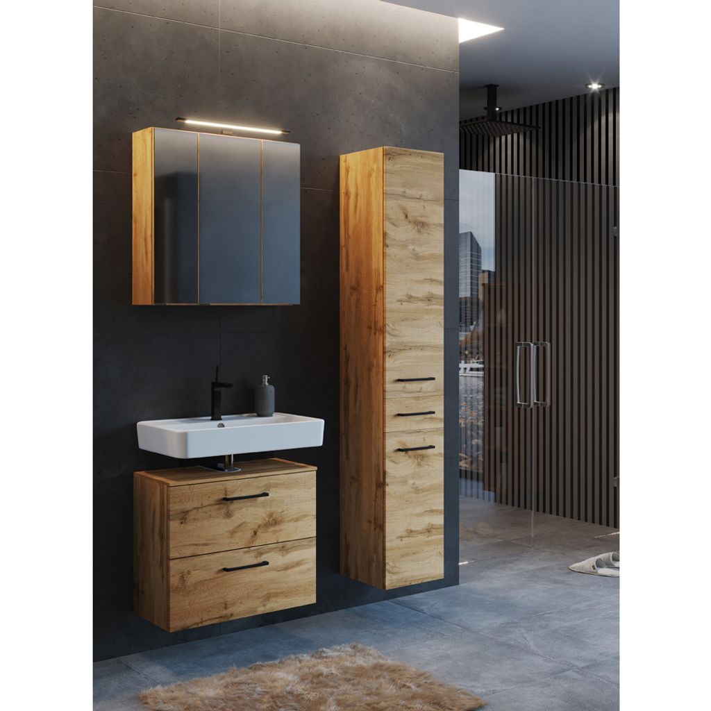 Badezimmer Set Industrial Style 60 cm Waschbeckenunterschrank mit Hochschrank in Wotan Eiche Nb. inkl. Spiegelschrank, B/H/T: ca. 120/200/35 cm