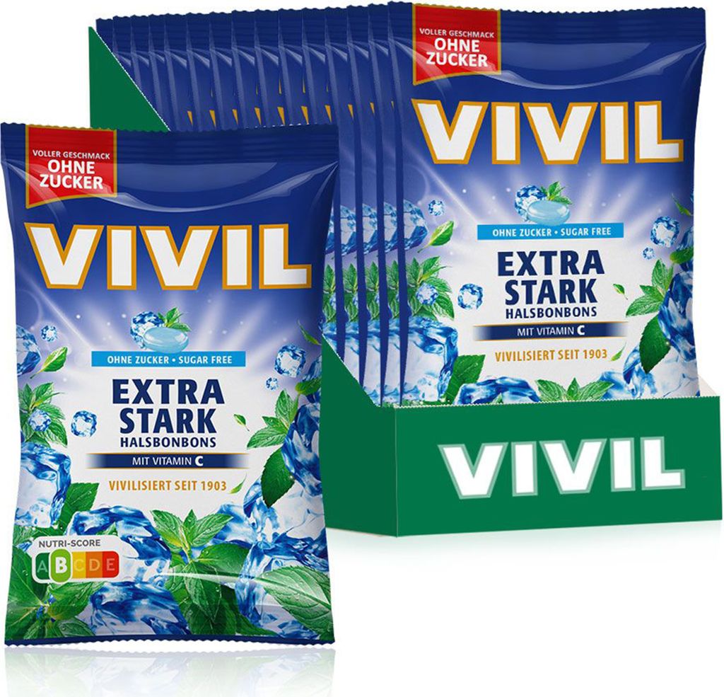 A display box of VIVIL Extra Stark Halsbonbons.