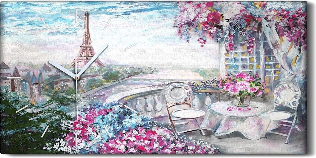 Wohnzimmer-Bild Leinwand Uhr Geräuschlos 60x30 Frankreich rosa Eiffel Blume - weiße Hände