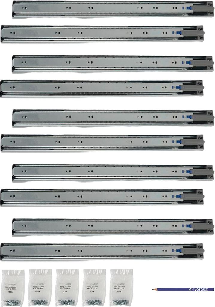 Schubladenschienen 600mm softclose Kugelführung - Vollauszug mit integrierter Dämpfung, 32-Systemlochung - 5 Paar