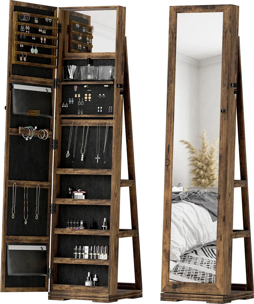 Armoire bijoux anti-nœuds verrouillable à miroir pivotant bois 38x38x160