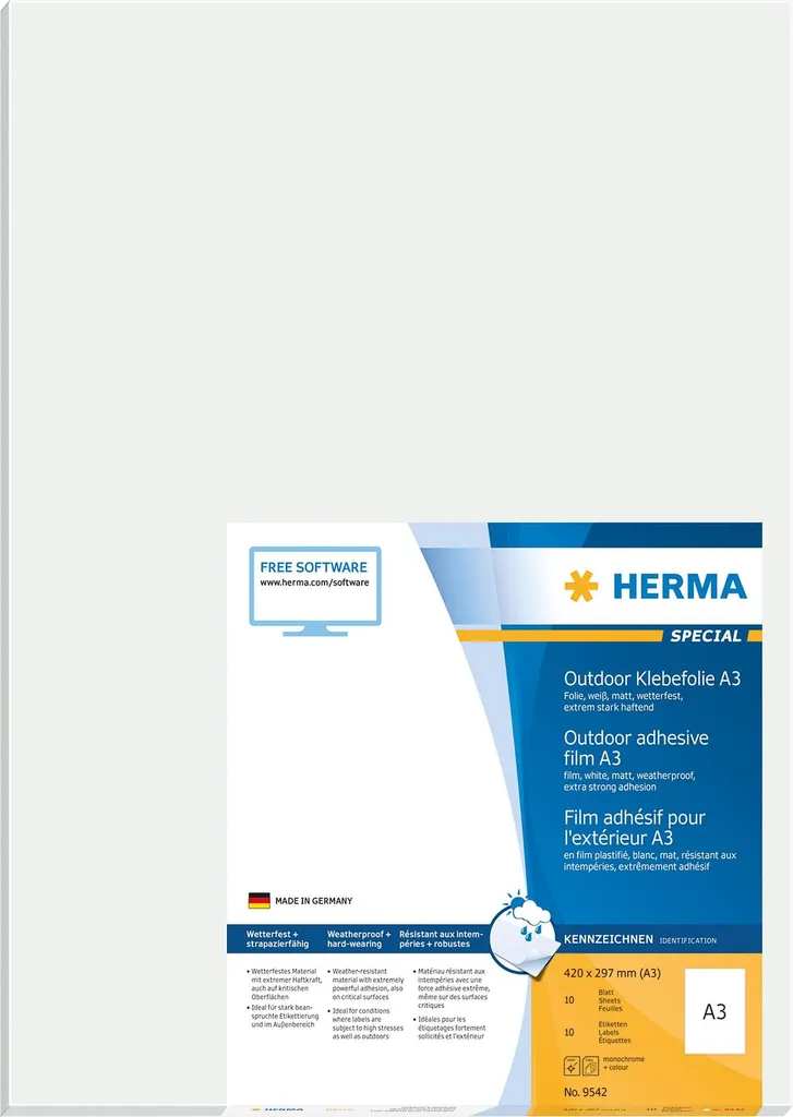 HERMA 9542 Etichette A3 in PE: Pellicola Adesiva per Esterni 10 Fogli