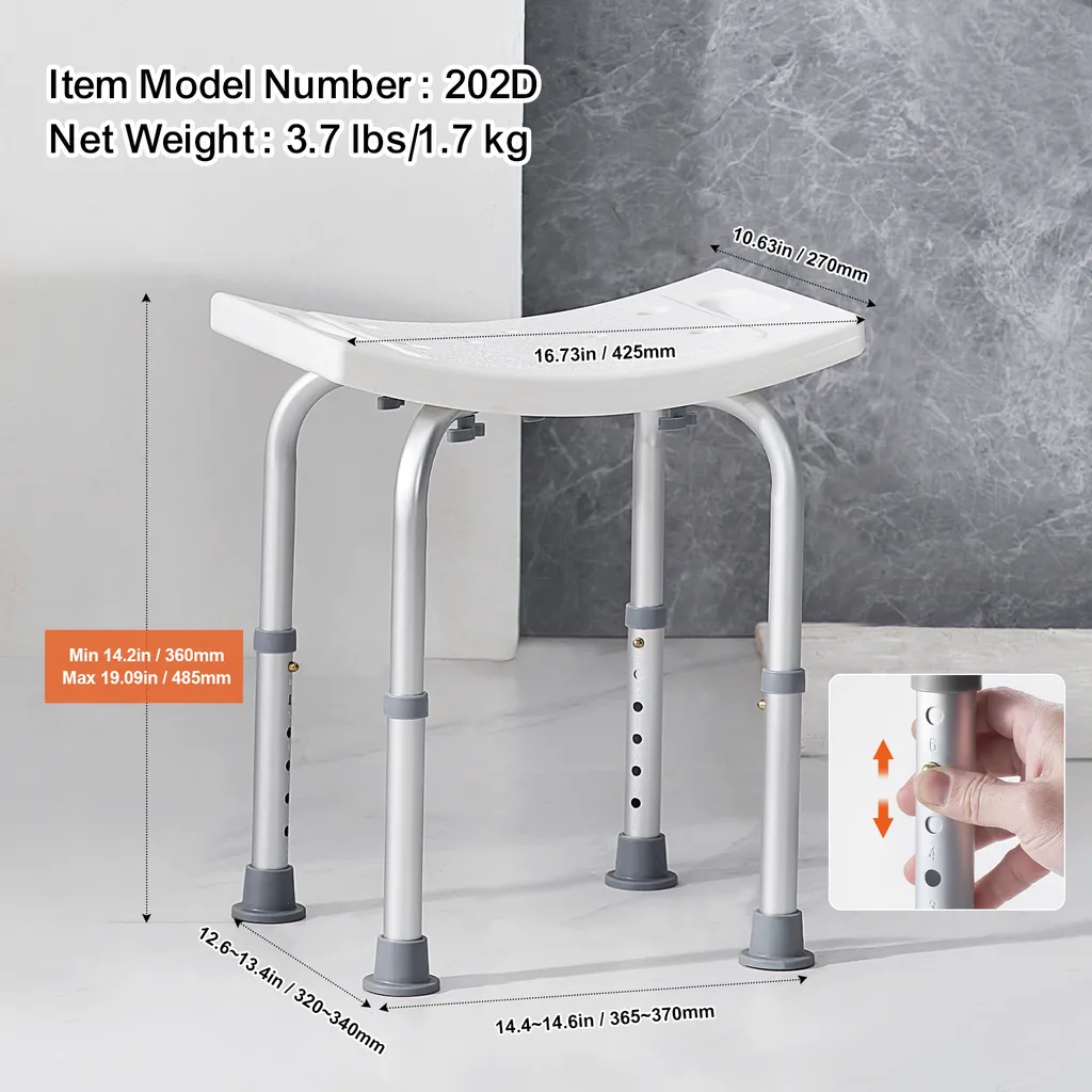 VEVOR sgabello da doccia sedia da doccia 360-485 mm regolabile in altezza, sgabello da bagno sedile da bagno 158,8 kg capacità di carico, stabile sgabello da doccia ausilio da bagno telaio in lega di alluminio, sedile da doccia sgabello da bagno bianco - 6