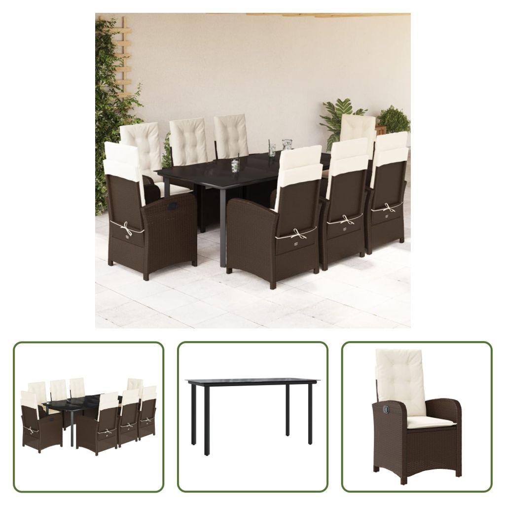 The Living Store 9-tlg. Garten-Essgruppe mit Kissen Braun Poly Rattan