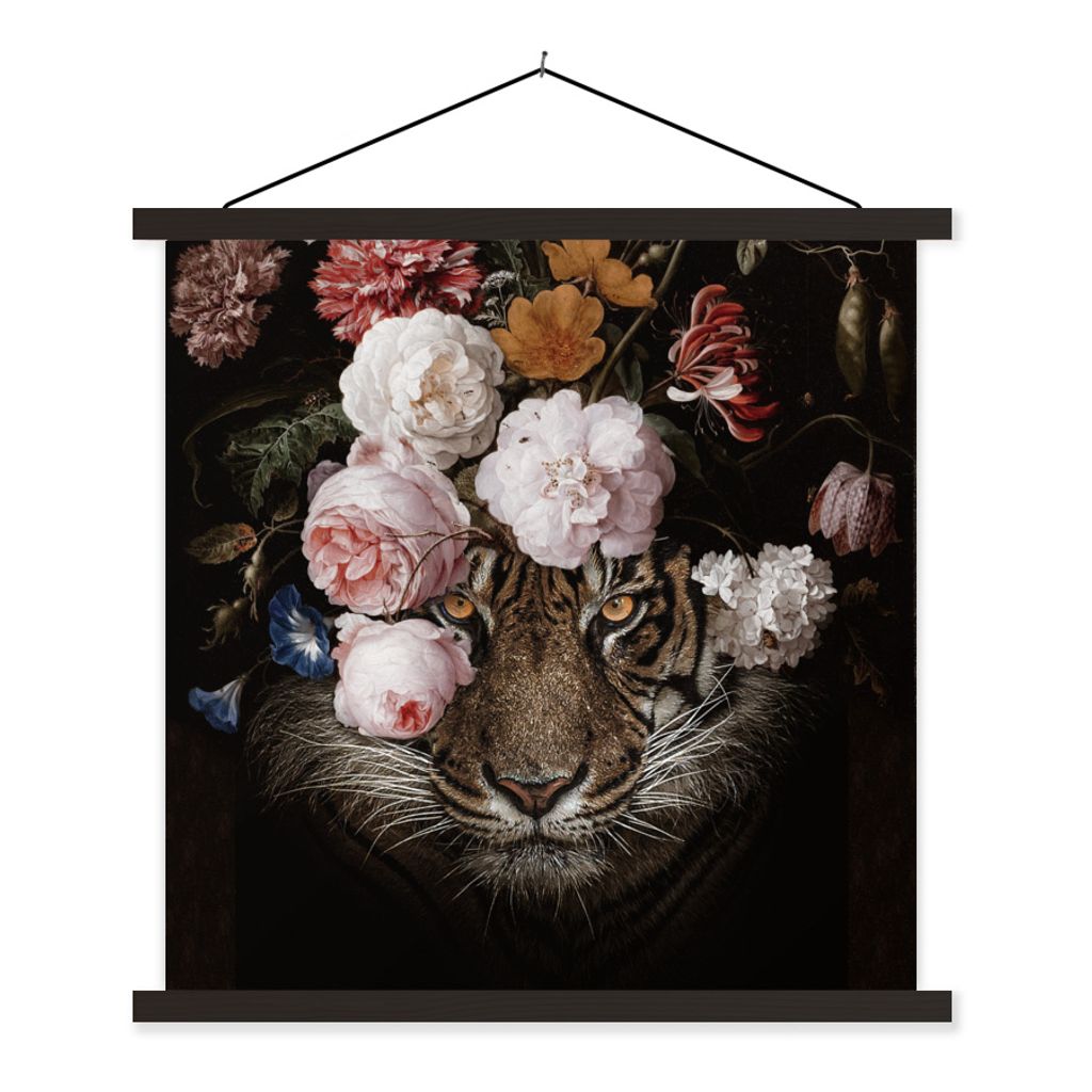MuchoWow Textilposter Tiger - Blumen - Kunst 120x120 cm mit schwarzem Rahmen - Aufhängungsset