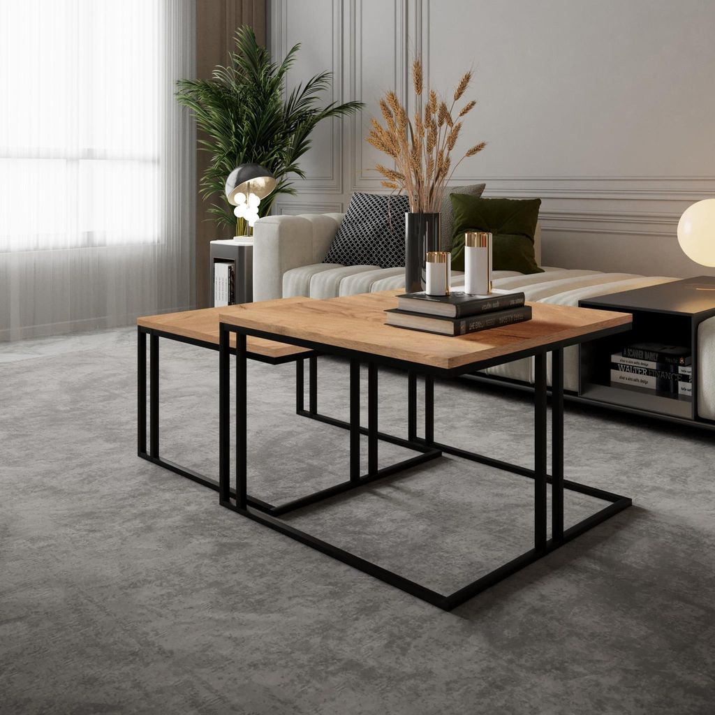 Set 2 quadratischen Couchtischen Nico Wohnzimmertisch mit Metallgestell Kaffeetisch Tisch für Wohnzimmer, Farbe: Eiche Gold