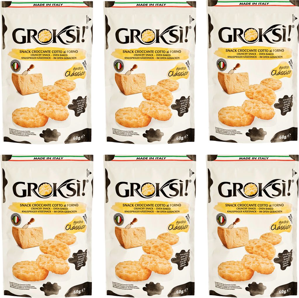 GROKSi! Classico 6x 60g glutenfrei ohne Kohlenhydrate Snack aus Italien Käse Parmesan Cracker Protein Italienischer Hartkäse | insgesamt 360 g