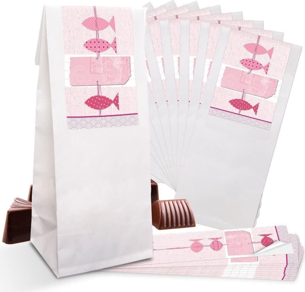 Weiße Blockbodenbeutel mit Folieneinlage 7 x 4 x 20,5 cm – mit Banderolen „Danke“ & „Schön, dass du da bist“rosa Fische / 25 Stück