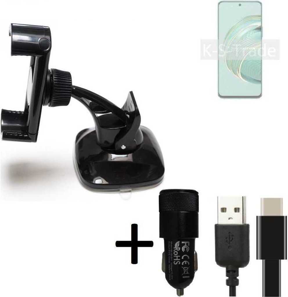 K-S-Trade Handy-Halterung kompatibel mit Huawei nova 10z Windschutzscheibe / Armaturenbrett + LADEGERÄT mit Mico USB Kabel Autohalterung