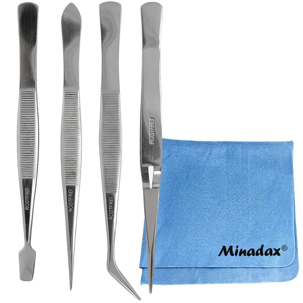Sprotek Profi Pinzetten Set - Professionelles Präzisionswerkzeug - 4 Pinzetten - Qualität - Rostfrei - Inkl. Minadax Mikrofasertuch