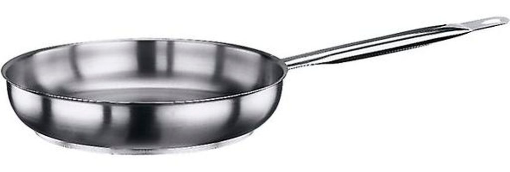A stainless steel frying pan on a white background.