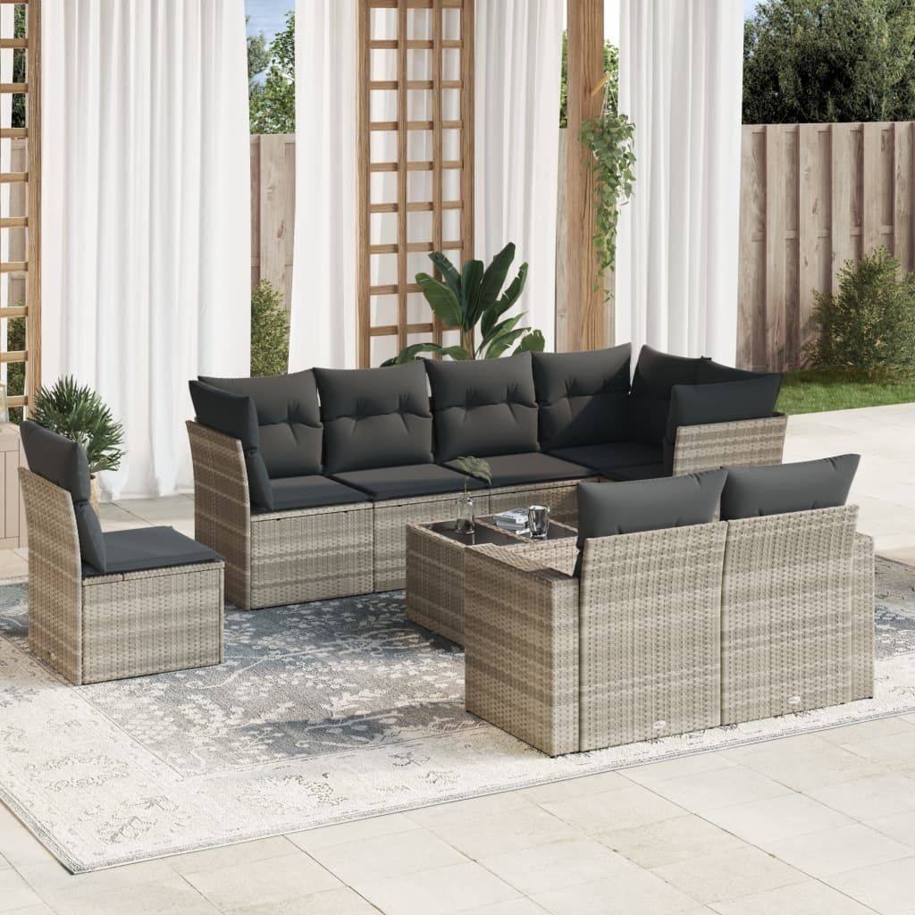 "2026 Promotion" 9-tlg. Garten-Sofagarnitur/Terrassenmöbel - mit Kissen - Hellgrau Poly Rattan - Gartenmöbelset CC12163
