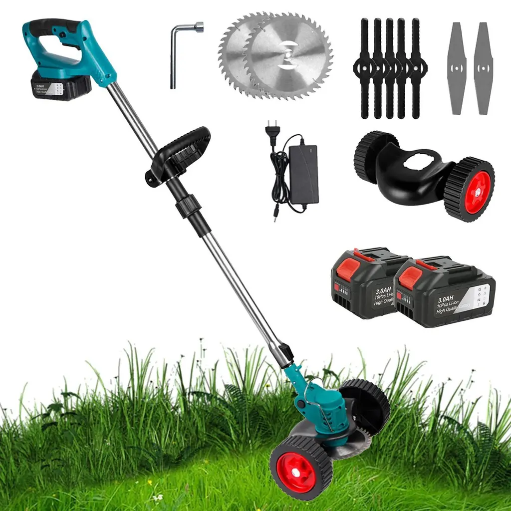 Coupe-bordures sans fil 3-en-1 bleu avec 2 batteries et manche pliable