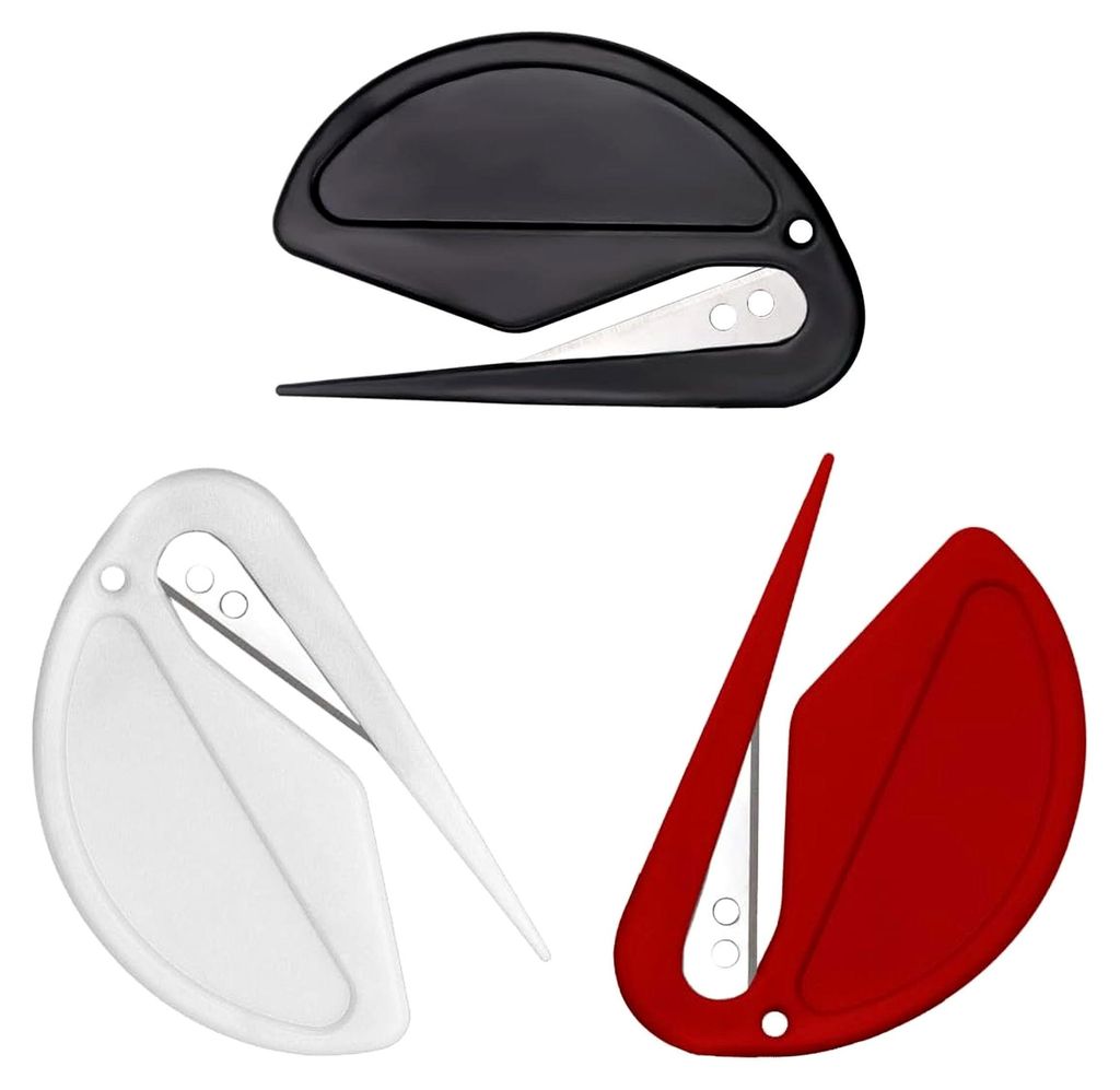 Brieföffner, Kunststoff-Umschlagschneider, sicherer Brieföffner, Werkzeug zum Schneiden von Paketen und Papier, Rot, Weiß, Schwarz, 3 Stück