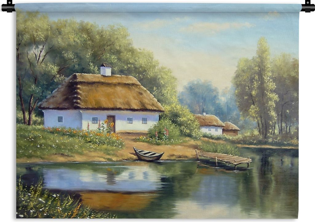 MuchoWow Wandteppich Wandbehang Malerei - Haus - Natur - Wasser - Ölfarbe 60x45 cm Tapisserie Dekoration Wandtuch - Das Schlafzimmer