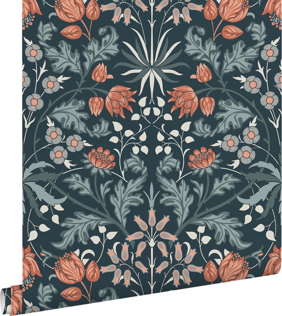 ESTAhome Tapete Blumenmuster im Jugendstil Dunkelblau und Terrakotta 50 x 900 cm